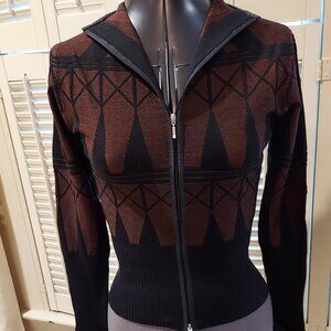Brown & Black Silk/Spandex, Leather Geometric  Zip Top by Essendi Size M